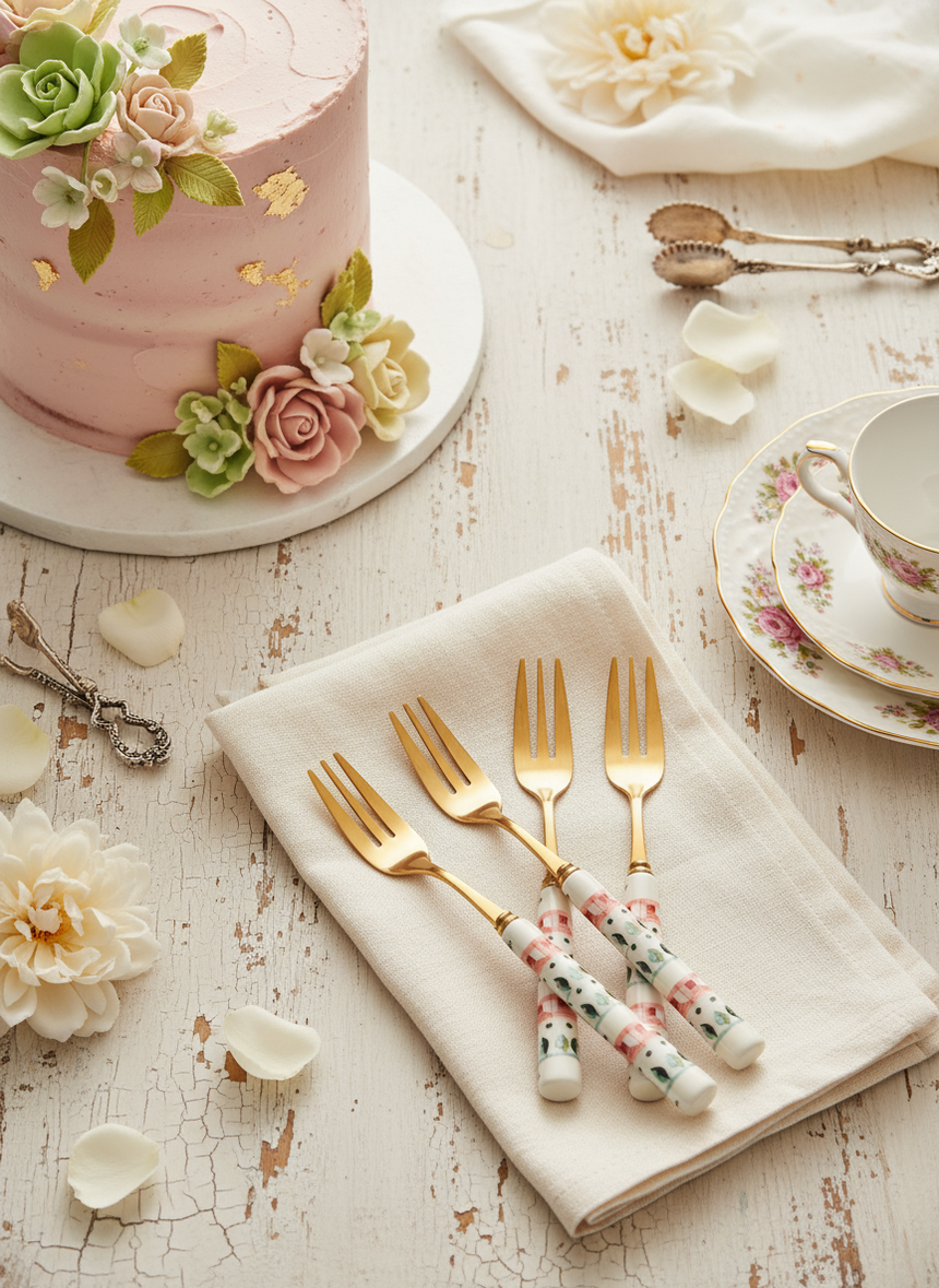 Four gold forks with patterned handles on a white background