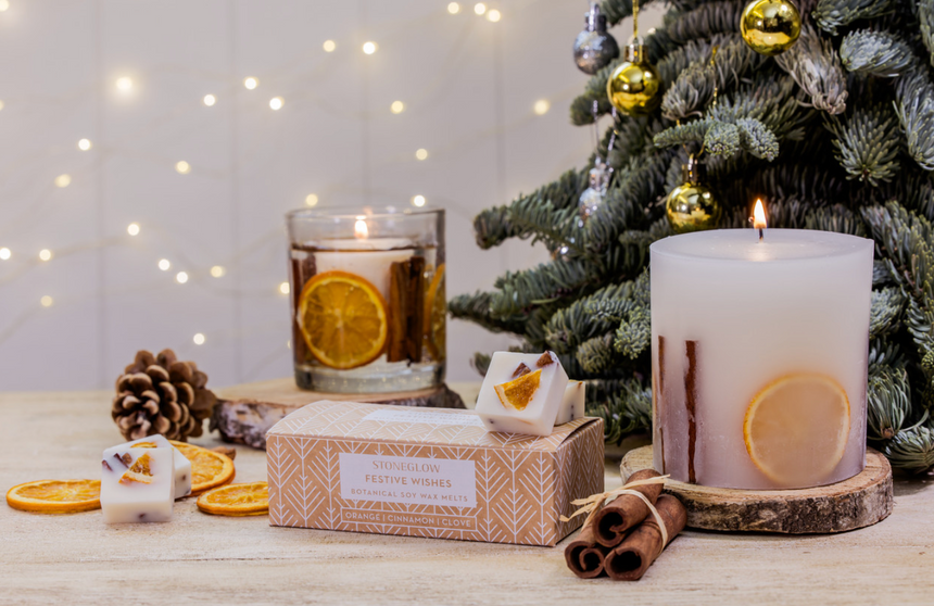 Stoneglow Festive Wishes Pillar Scented Candle, Orange & Cinnamon