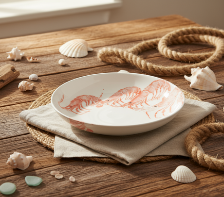 White ceramic plate with red lobster design on a white background