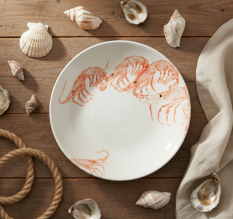 White plate with orange shrimp illustrations on a white background