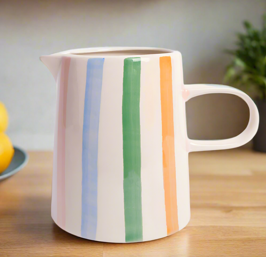 Caroline Gardner Ceramic Pitcher. Multi Stripes