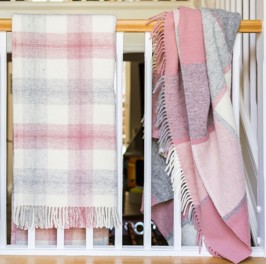 Tweedmill Block Check Pure New Wool Throw, Charcoal & Dusty Pink