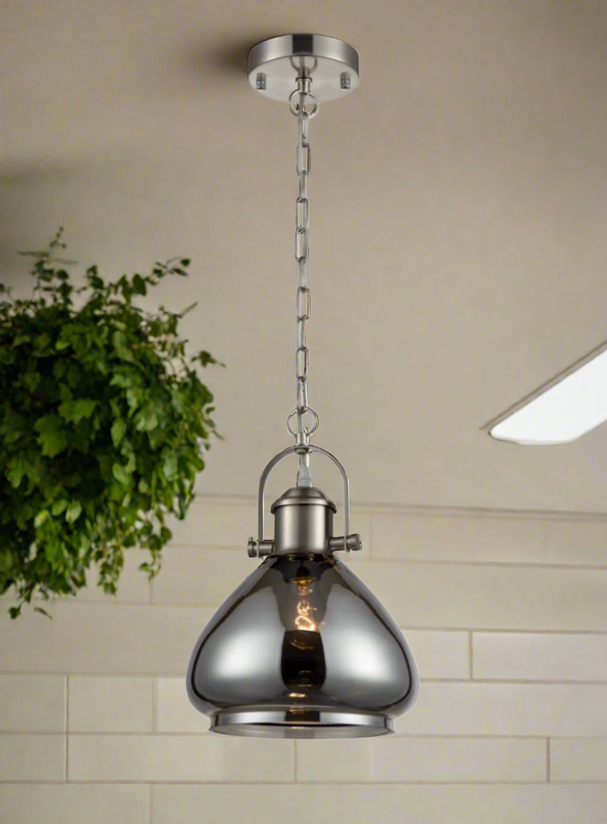 Vista Smoked Glass Pendant, Satin Nickel Finish