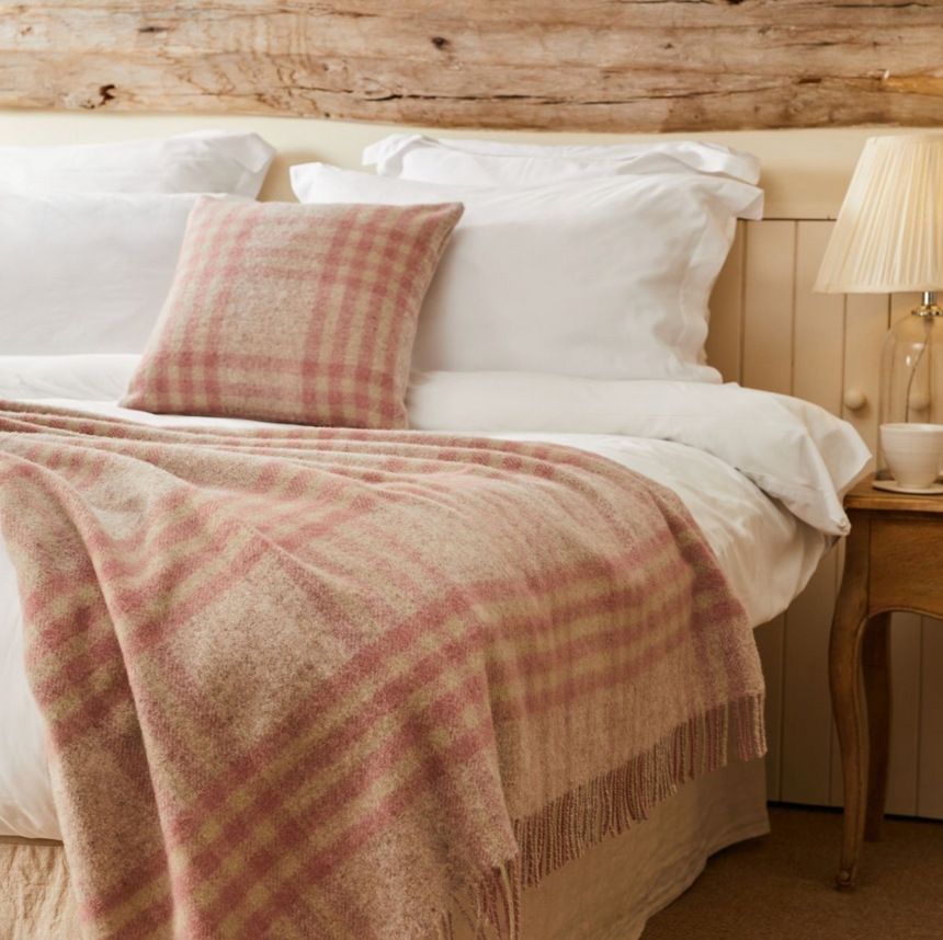 Tweedmill Hex Check Pure New Wool Throw, Dusky Pink