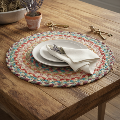Round braided  placemats with multicolor pattern on a white background