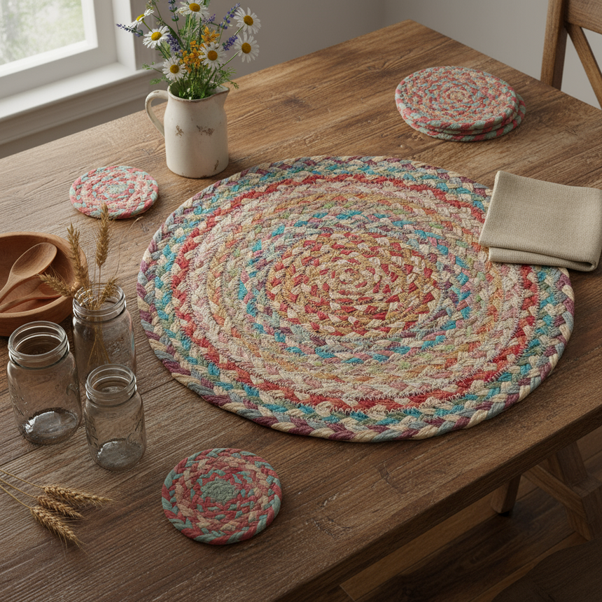 Round braided placemat with multicolor pattern on a white background