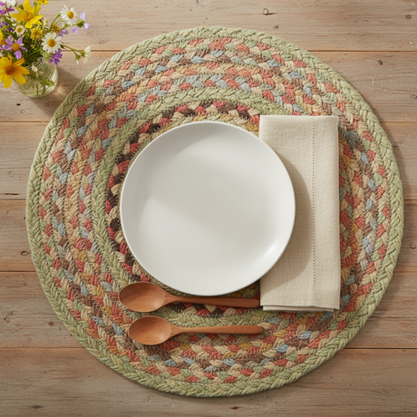Round braided rug with multicolor pattern on a white background