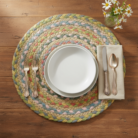 Round braided rug with multicolor pattern on a white background