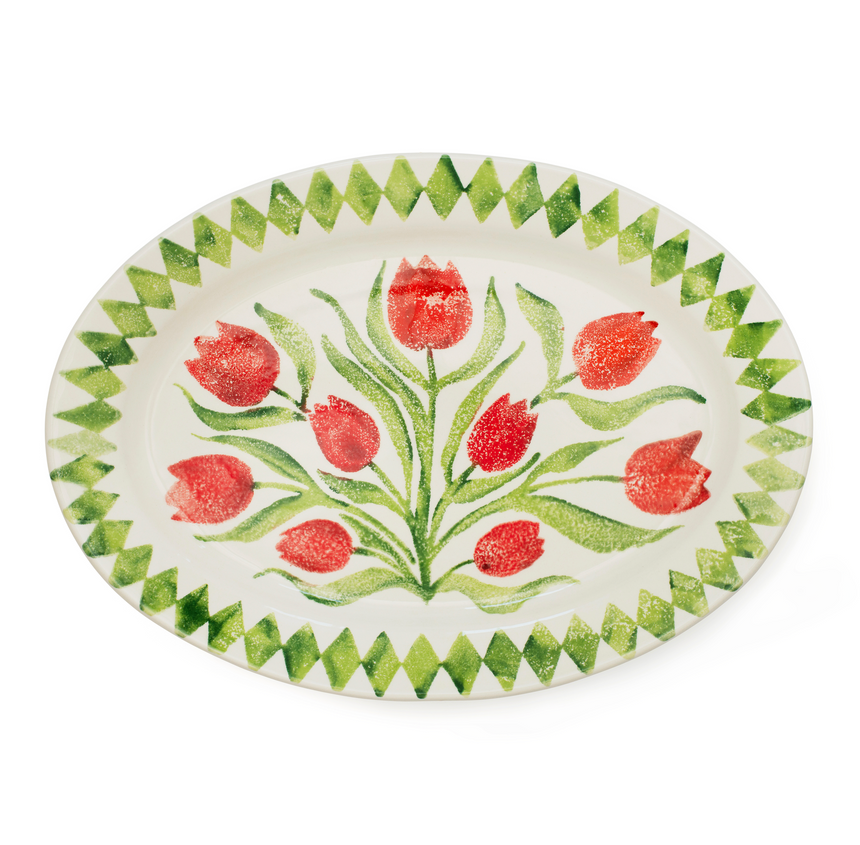Bliss Home Red Tulip Rimmed Oval Serving Platter