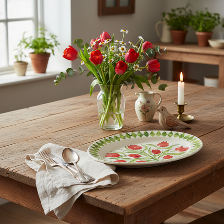 Decorative plate with red tulip design on a white background