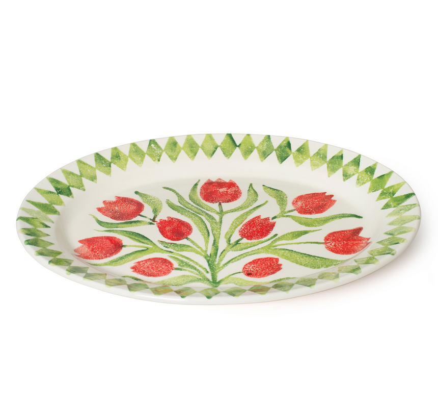 Bliss Home Red Tulip Rimmed Oval Serving Platter