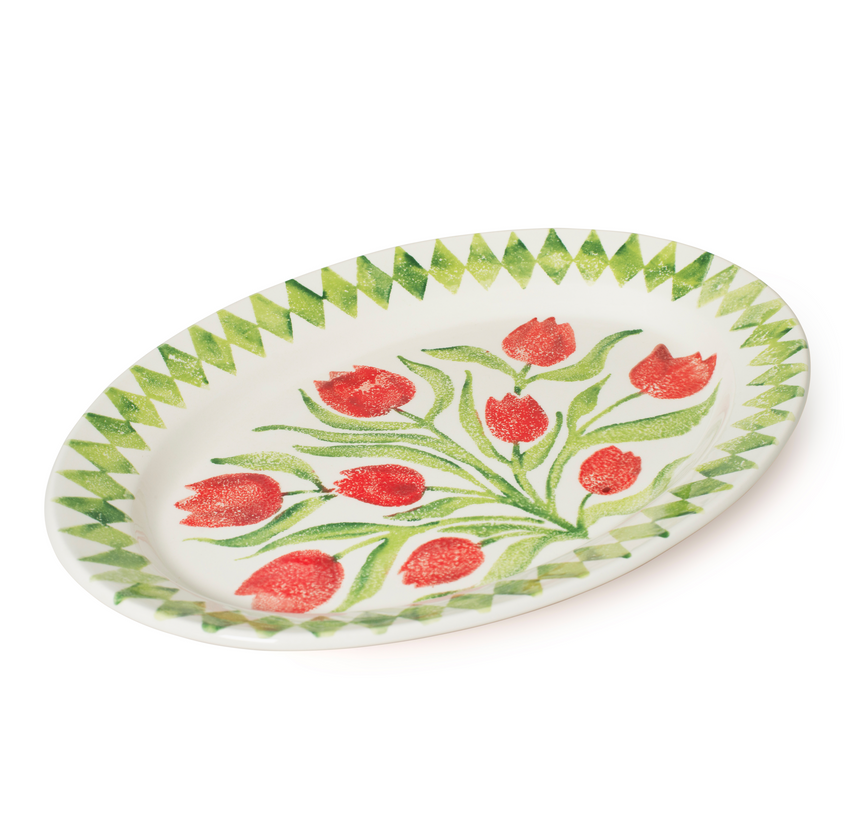 Bliss Home Red Tulip Rimmed Oval Serving Platter