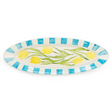 Decorative plate with yellow tulips and blue stripes on a white background