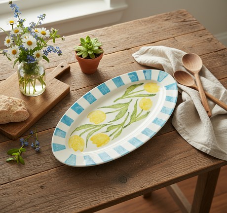 Decorative plate with yellow tulips and blue stripes on a white background