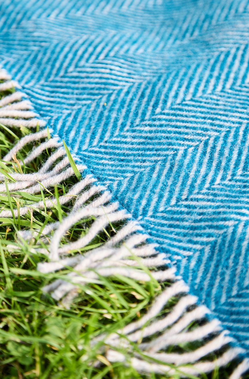 Tweedmill Polo Pure Wool Knitted Picnic Blanket, Herringbone, Teal & Hazel