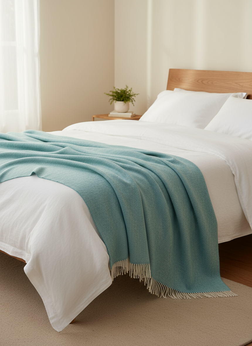 Light blue throw blanket with fringes on a beige background