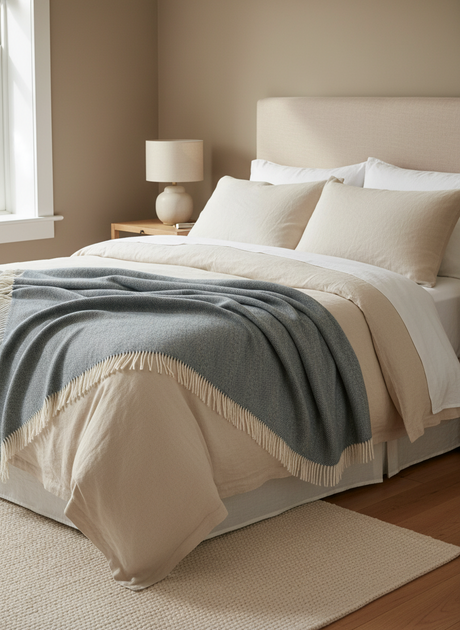 teal blanket with white fringes draped over a beige surface