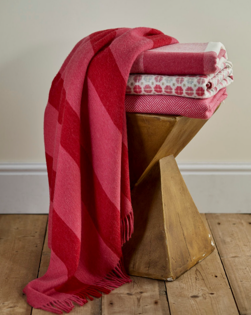 Bronte By Moon Herringbone Pure New Wool Throw, Raspberry Ripple