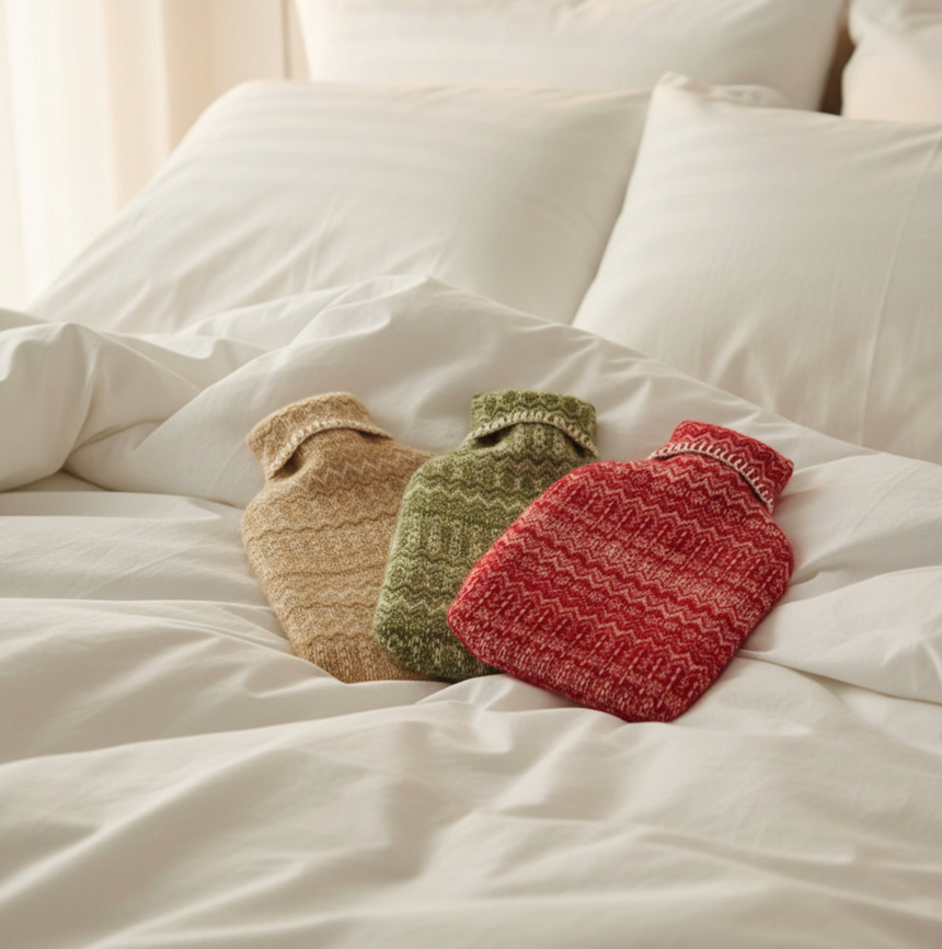Three knitted hot water bottles in beige, green, and red on a white bed.