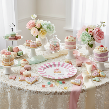 Decorative plate with pink and white striped border and cupcake illustration