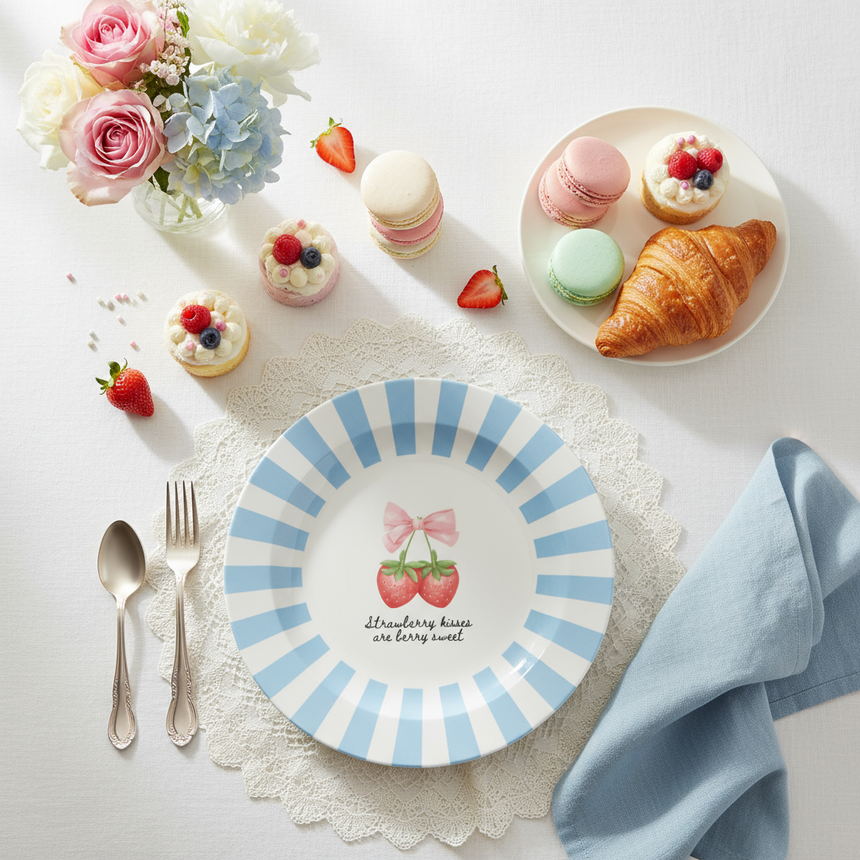 Round plate with blue and white striped rim, strawberry design, and text 'Strawberry kisses are berry sweet' on a white background.
