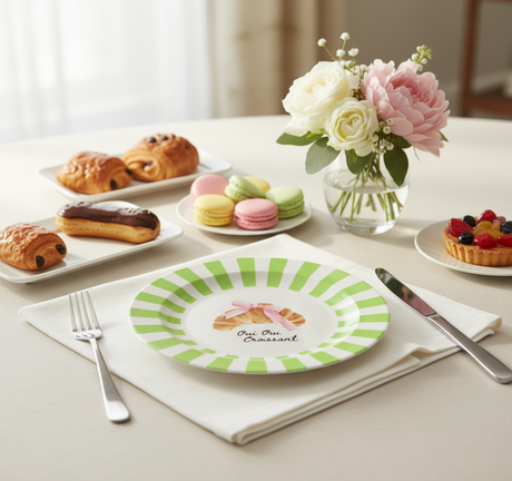Round plate with green and white striped border featuring a croissant illustration and text.