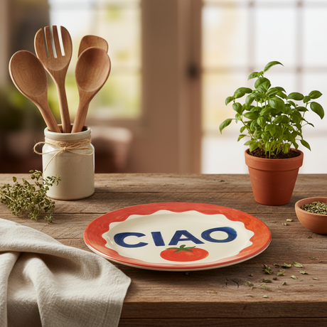 Ceramic plate with 'CIAO' and a tomato illustration on a red border