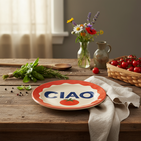 Ceramic plate with 'CIAO' and a tomato illustration on a red border