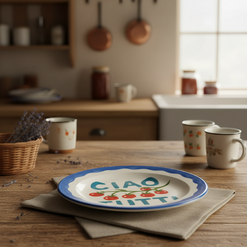 Decorative plate with 'CIAO TUTTI' text and tomato design on a white background
