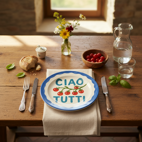 Decorative plate with 'CIAO TUTTI' text and tomato design on a white background