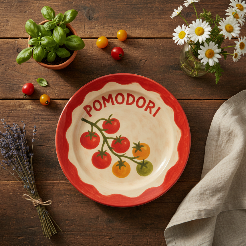Ceramic plate with 'Pomodori' and tomato design on a white background