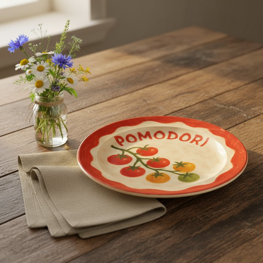Ceramic plate with 'Pomodori' and tomato design on a white background