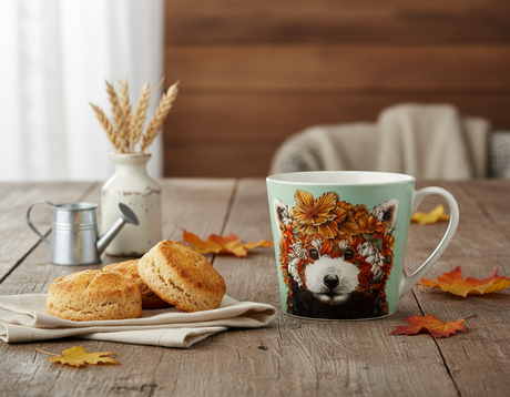 Mug with a design of a RED PANDA face surrounded by flowers on a light green background