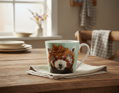 Mug with a design of a fox face surrounded by flowers on a light green background
