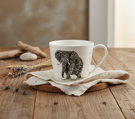 White mug with black elephant design on a white background