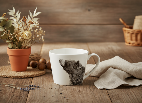 White mug with a black and white bear design on a white background