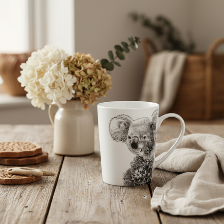 Mug with a black and white koala design on a white background