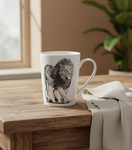 White mug with a black and white illustration of a lion on a white background