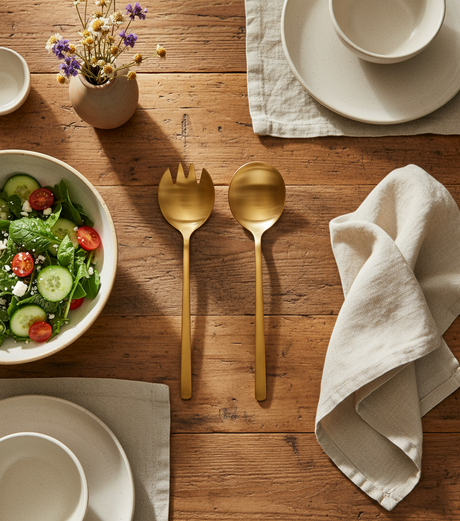 Gold fork and spoon set on a white background