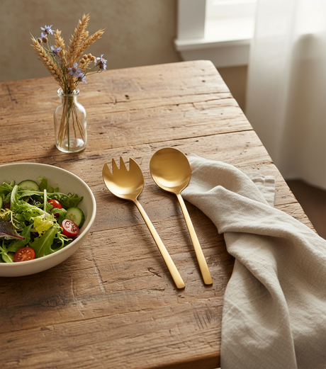 Gold fork and spoon set on a white background