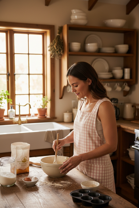 A pink gingham crossback apron with two pockets, displayed in two different angles on a white background.