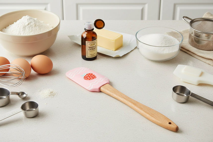 Spatula with pink head and strawberry design on a white background