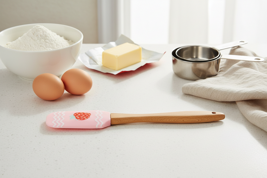 Spatula with pink handle and strawberry design on a white background