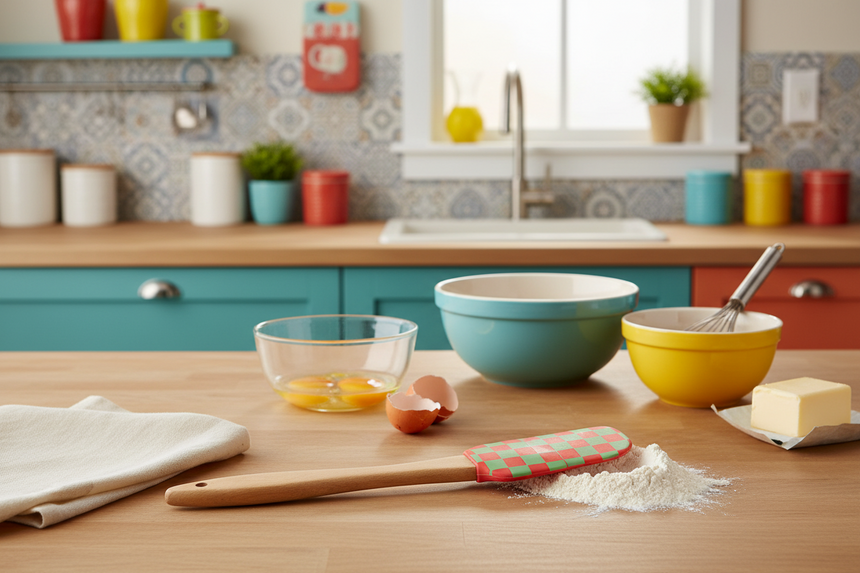 Spatula with a checkered red and green head and wooden handle on a white background
