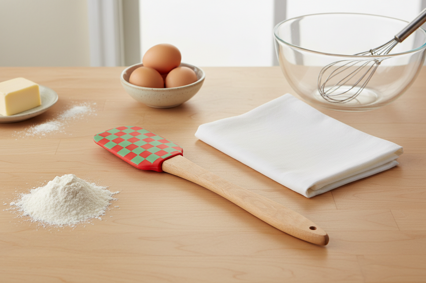 Spatula with a checkered red and green head and wooden handle on a white background