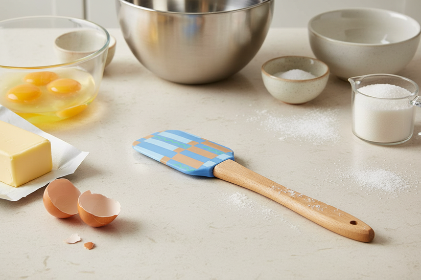 Spatula with a wooden handle and colorful striped head on a white background