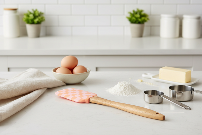 Spatula with pink and orange checkered head and wooden handle on a white background