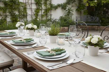 Green napkin with a beige ribbon on a white background