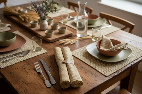 Rolled placemats  with a wooden button on a wooden table with cutlery and a glass.