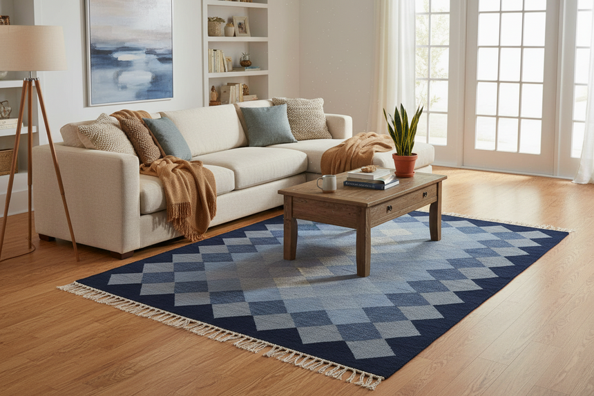 Blue diamond patterned rug on a wooden floor
